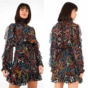 FARM Rio Delicate Forest Smocked Mini Dress Small Floral Embroidered Boho Chic